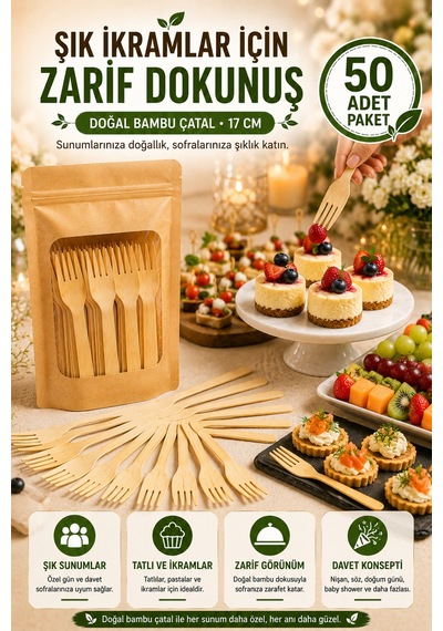 50'li Doğal Bambu Çatal 17 Cm Kullan At Parti Davet Piknik Baby Shower İkramlık Sunum Seti