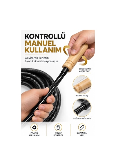 13 Mm 5 Metre Kanal Açıcı Spiral Manuel Gider Açma Susta Teli, Uzun Erişim Kalın Susta