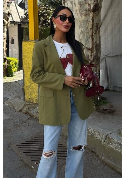 Uzun Kollu Ve Düğme Kapamalı Kruvaze Yakalı Oversize Blazer Kadın Keten Ceket Haki Haki