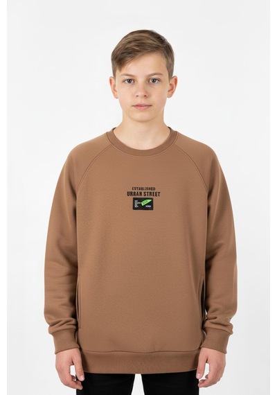 Kanguru Cepli Baskılı Detaylı Erkek Çocuk Sweatshirt-90883 Kahverengi