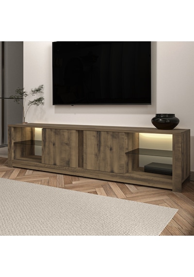 Aydos LED Işıklı Modern TV Sehpası – Cam Raflı, 2 Kapaklı, 180 cm, Antik Ceviz