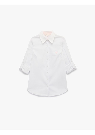 Koton Pamuklu Slim Fit Kolları Katlama Detaylı İşlemeli Uzun Kollu Poplin Gömlek Beyaz 7wak60023uw