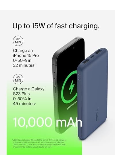 10000 Mah Powerbank, 15w Usb-c & 12w 2xusb-a Girişli, Kompakt Dizayn, Kablo Dahil, Mavi