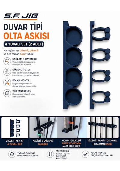 Duvar Tipi Olta Kamışı Askısı 4 Yuvalı 2 Li Set Olta Düzenleyici Ve Kamış Tutucu Siyah