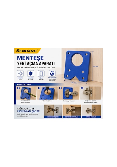 Senbang Menteşe Yeri Açma Aparatı Dolap Kapak Menteşe Montaj Şablonu Delik Açma Kılavuzu Mobilya Matkap Aparatı