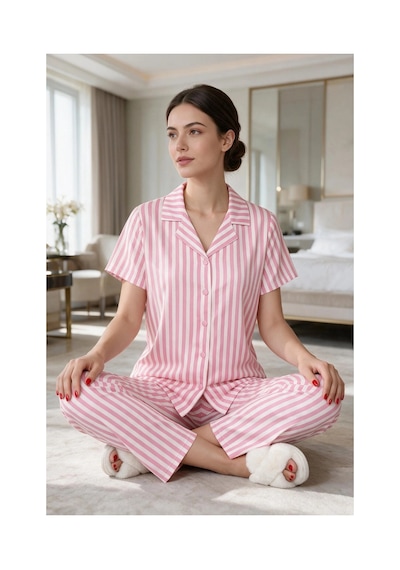 Leyna Kadın Pembe Beyaz Çizgili Kısa Kollu Düğmeli Milan Kumaş Pijama Takımı