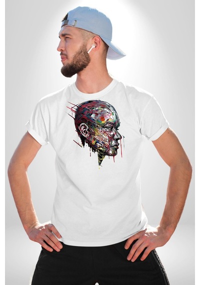 İnsan Kafası Sulu Boya Unisex Unisex Beyaz Organik Baskılı T-shirt Penye Yüksek Kalite Beyaz