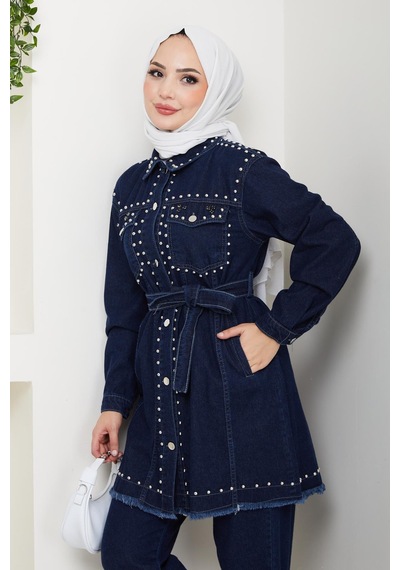 Hb Harma Time Butik Kadın İnci Detaylı Kemerli Lacivert Kot Takım Lacivert Lacivert