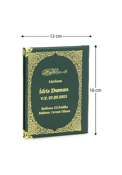 50 Adet İsim Baskılı Vav Desenli Yaldızlı Deri Ciltli Çanta Boy Yasin Kitabı Mevlüt Hediyesi 128 Sayfa Yeşil