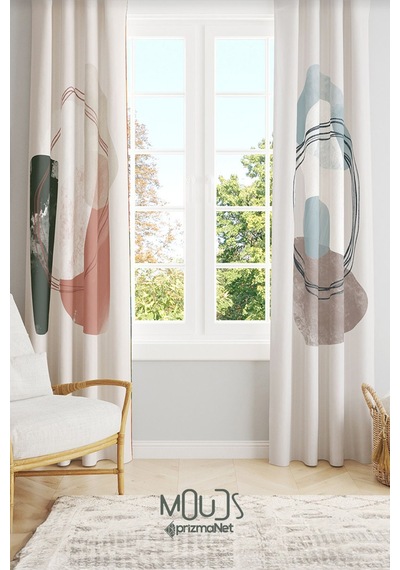 Soft Oval Desenli Süet Oturma Odası Salon Fon Perde Baskılı Ekstrafor Büzgü 2 Kanat Prd-1111 Çok Renkli