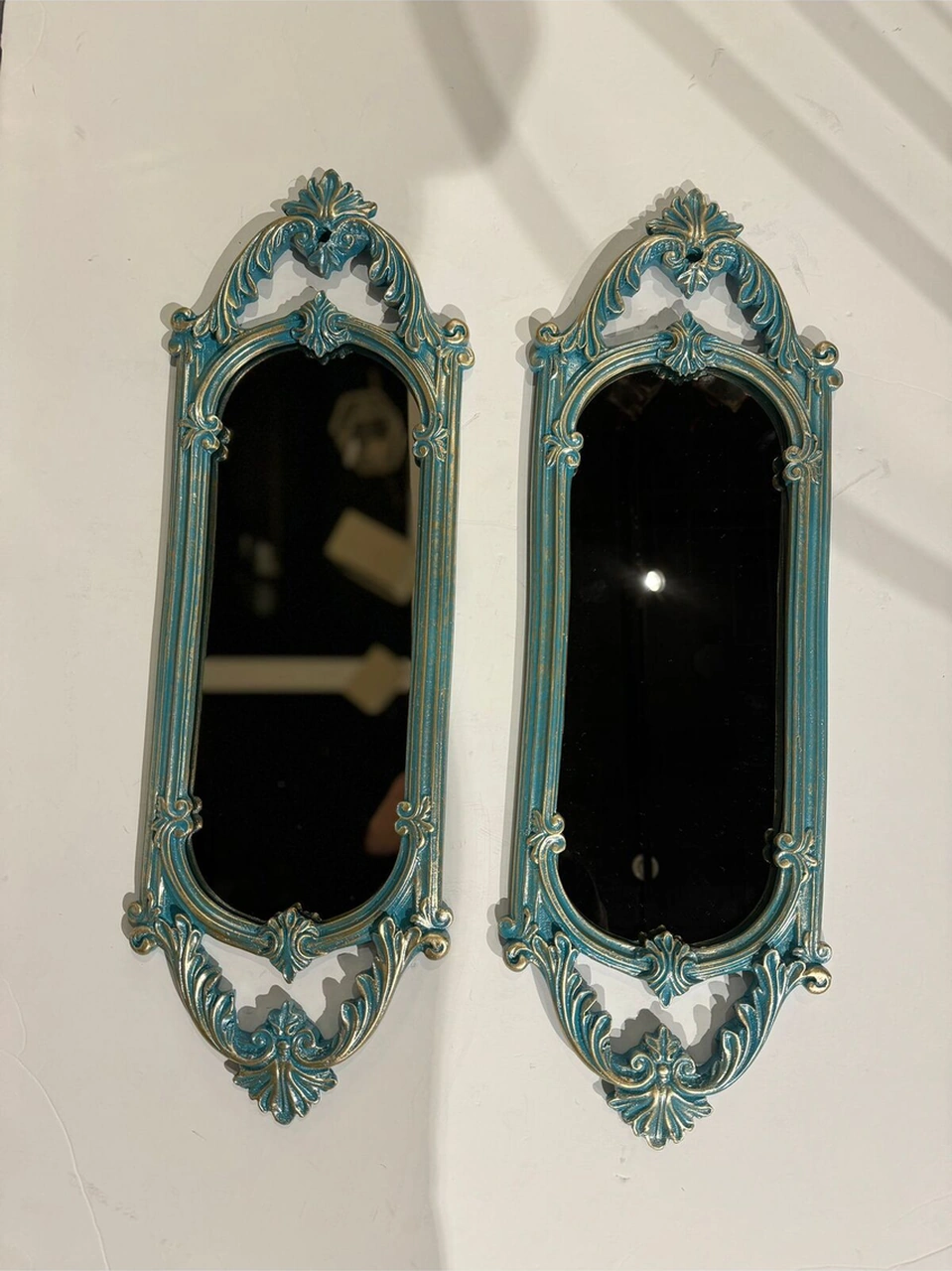 Dekoratif Polyester Ikili Niş Dikdörtgen Ayna Takımı Turkuaz Eskitme