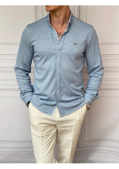 Modefendi Slimfit Merserize Pamuk Uzun Kollu Gömlek Mavi
