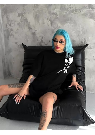 Modi Unisex Bisiklet Yaka Baskılı Oversize T-shirt - Siyah - Mymg102532
