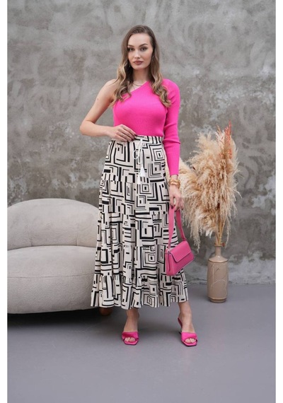 Polologin Butik Siyah Beyaz Bol Kesim Etnik Desen Viskon Etek Siyah