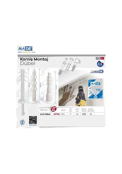Made Extra Plastik Çivili Korniş Montaj Dübeli 7 Mm. - 50 Adet