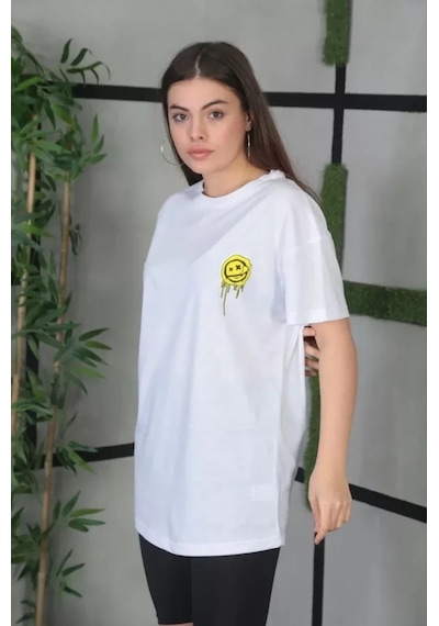 De'charme Unisex Bisiklet Yaka Baskılı Oversize T-shirt - Beyaz