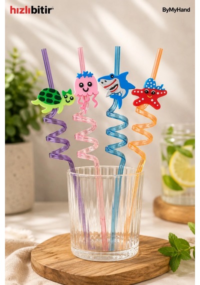 Bymyhand Plastik Kıvrımlı Renkli Karışık Figürlü 4'lü Pipet Set Karışık Renk Ve Model Çok Renkli