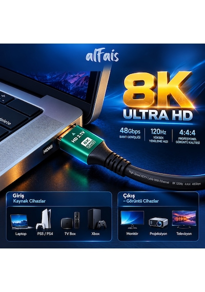 Alfais 6122 Hdmi 2.1 8k Ultra Hd Kablo 2 Metre 48gbps 4k 120hz Altın Uçlu Kablo Led Tv