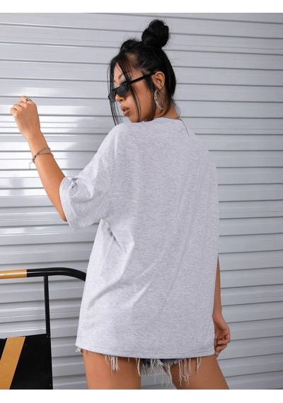 To Rome T-shirt - Gri Baskılı Oversize Bisiklet Yaka Kısa Kol Tişört Gri