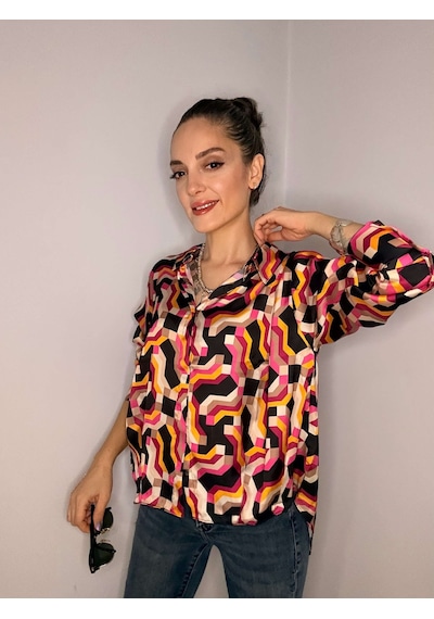Ali Butik Retro Pembe Desenli Saten Gömlek Pembe