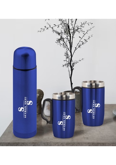 Bk Gift Kişiye Özel Deri Çantalı Mavi Seyahat Termosu Ve İkili Termos Mug Hediye Seti -6