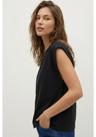 Elemge %100 Pamuk Süprem Tok Kumaş Kadın Oversize Siyah T-shirt Geniş Omuzlu Dökümlü Kolsuz Bol Kalıp
