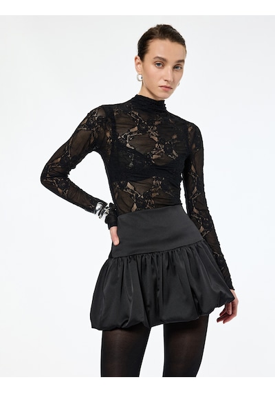 Koton Transparan Slim Fit Dik Yaka Uzun Kollu Dantel Bluz Siyah 6wak50215ek Siyah