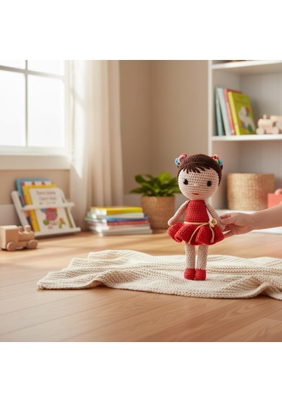 Kız Çocuklar İçin Kırmızı Elbiseli Tığ İşi Amigurumi Oyuncak Kırmızı