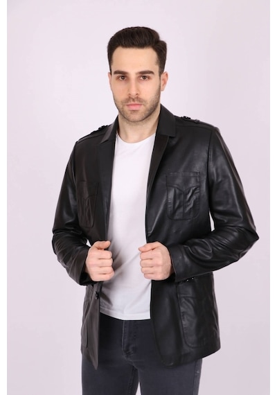 Aclassics Erkek Siyah Hakiki Deri Yakalı Casual Klasik Ceket Mont
