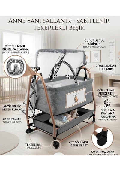 Öykü Bebek Dunyasi Anne Yanı Sallanır Sabitlenir Tekerlekli Geniş Sepetli Beşik Gri