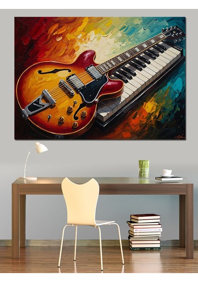 Gitar Ve Piyano Tuşları Kolajı Dekoratif Kanvas - Mdf Ahşap Tablo