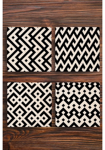 Doğaltaş Bardak Altlığı 4'lü Set - Siyah Desenler Uv Baskılı Doğal Taş Bardak Altı 10x10x1cm Çok Renkli