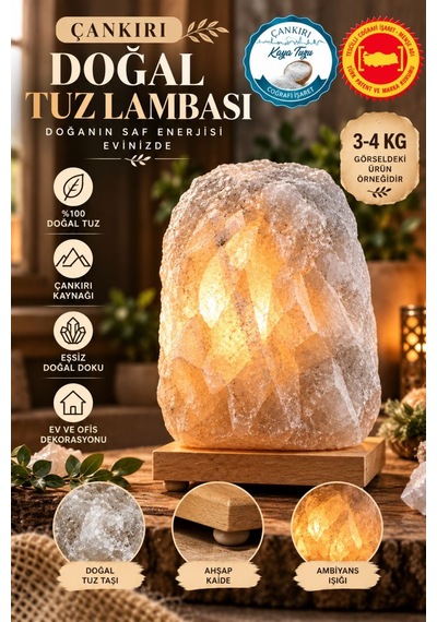 Çankırı 3-4 Kg Gri Doğal Kaya Tuzu Lambası Ahşap Kaideli Dekoratif Lamba
