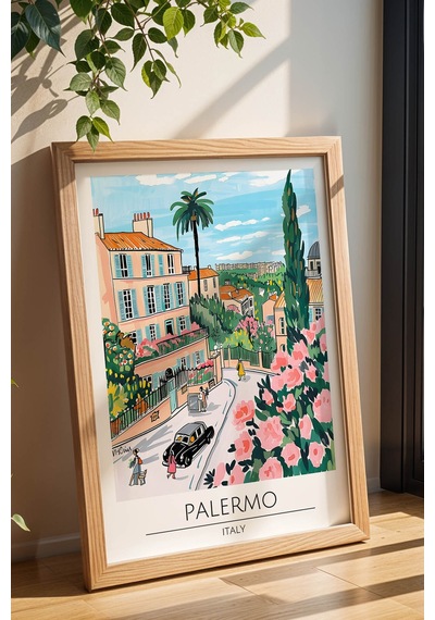 İtalya Palermo Duvar Tablosu Modern Salon Duvar Dekoru, Akdeniz Temalı Çerçeveli Poster Tablo Kayın