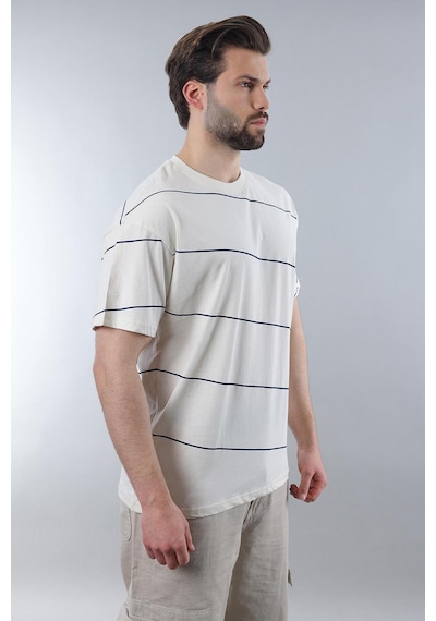 Madmext Ekru Bisiklet Yaka Basic Çizgili Erkek T-shirt E7102 Ekru