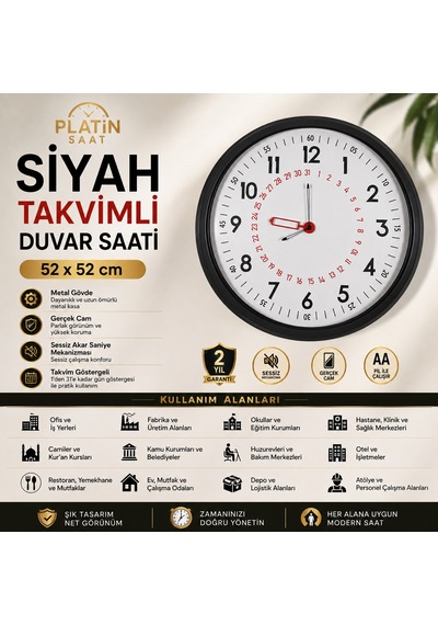 Siyah Takvimli 52 X 52 Cm Metal Duvar Saati