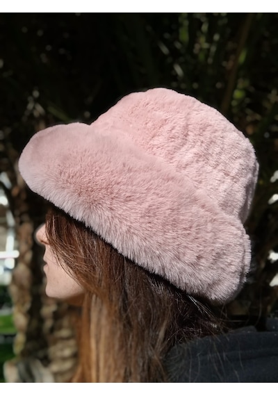 Shopiolog Pofidik Peluş Şapka Kışlık Suni Kürk Kalpak Kabarık Kova Şapka Gül Kurusu