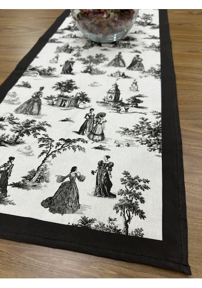 Toile De Jouy Paris Runner 40x110 Cm %100 Pamuk Dijital Baskılı Masa Örtüsü Klasik Fransız Tarzı Masa Dekoru - Zt700 Siyah