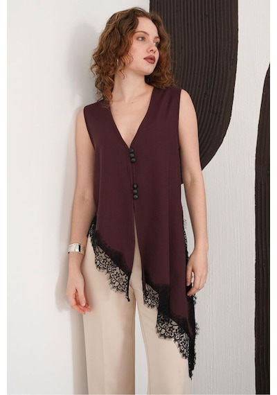 Verymoda Sıfır Kol Etek Ucu Dantel V Yaka Bluz D2993 Mürdüm