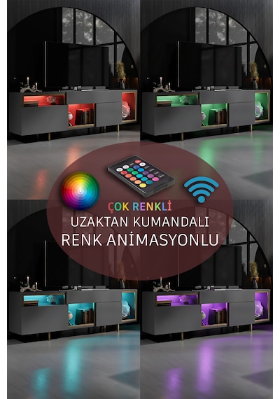 Norm Gold Demir Ayaklı Rgb Led Işık Sistemli Antrasit Tv Ünitesi Tv Sehpası Antrasit - Altın Norm Gold Demir Ayaklı Rgb Led Işık Sistemli Antrasit Tv Ünitesi Tv Sehpası Antrasit - Altın