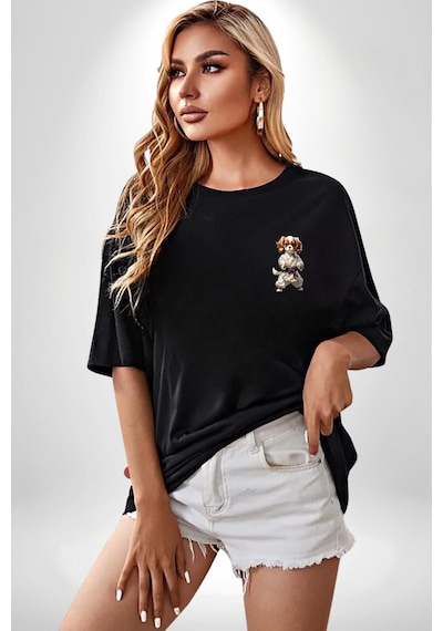 Cavailer King Charles Spaniel Karate Siyah Oversize Unisex Ön Sol Yan Minimal Baskılı Tişört Koyu Siyah