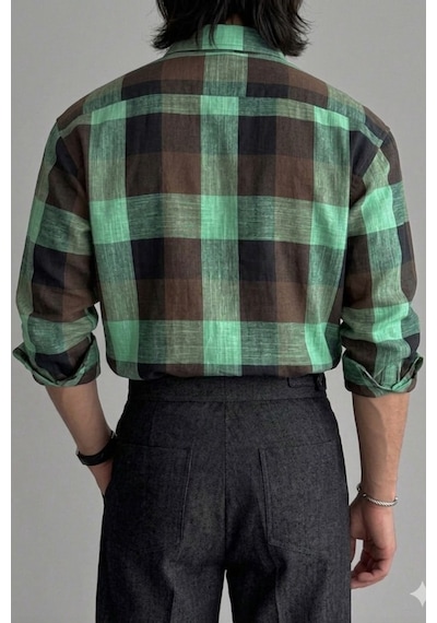 Erkek Ekose Gömlek Slim Fit Pamuklu Uzun Kollu Günlük Şık Gömlek Siyah