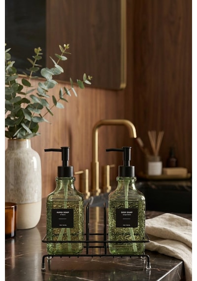 Makri Home Modern Kabartma Desenli Cam İkili Sıvı Sabunluk & Deterjanlık Seti, Yeşil - 500 Ml Cam Sabunluk Yeşil