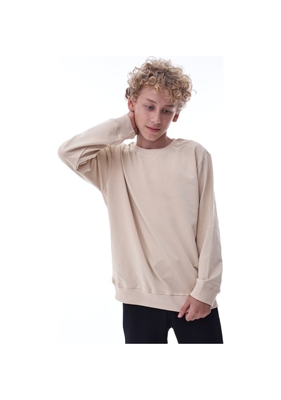 Bej Erkek Çocuk Sweatshirt Rahat Kalıp Pamuklu İki İplik Kumaş Bej