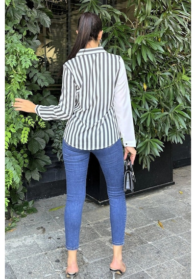 WeShaya Kadın Beyaz & Siyah İki Renkli Çizgili, Uzun Kol,regular Kesim Gömlek Siyah