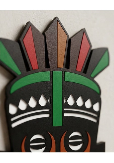 Afrika Tribal Ahşap Duvar Mask Mdf - Siyah Yeşil Kırmızı Klasik Kabile Maskı 1