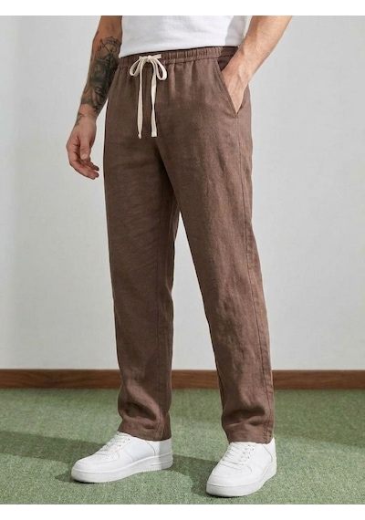 Danger Erkek Baggy Kalıp Beli Lastikli Pamuk Keten Görünümlü Pantolon Kahverengi 1007dngr