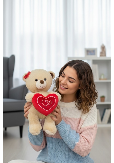 Kırmızı Tokalı Sevimli Yumuşacık 35 Cm Kalpli Peluş Ayıcık Uyku Arkadaşı Hediyelik Çok Renkli