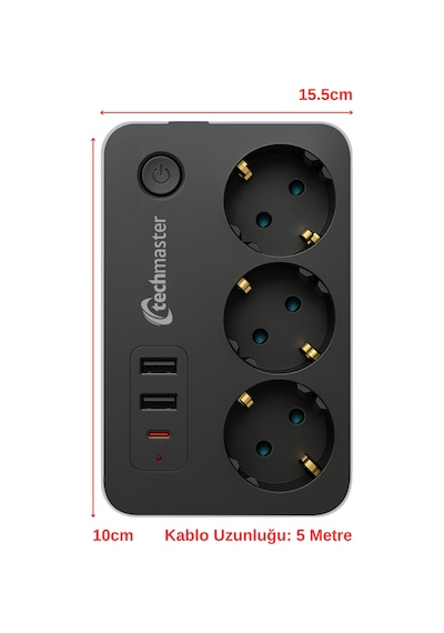 Techmaster 2 Usb + Type-c Akım Ve Çocuk Korumalı 3lü Kare Priz 5mt Diğer