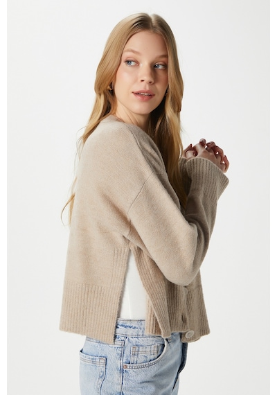 Ritnice Kadın Keep Yan Yırtmaçlı Yumuşak Dokulu Vizon Basic Triko Hırka 70145 Vizon